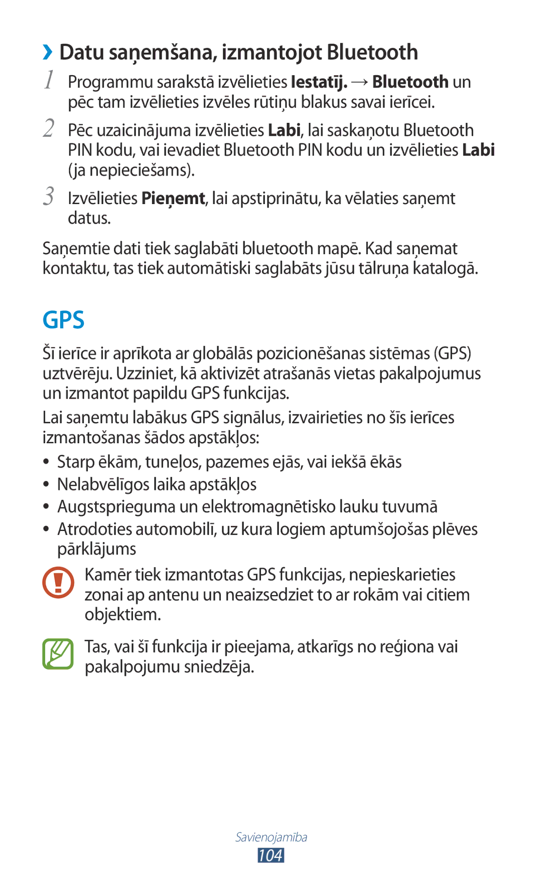 Samsung GT-S5301ZWASEB, GT-S5301ZKASEB manual Gps, ››Datu saņemšana, izmantojot Bluetooth 