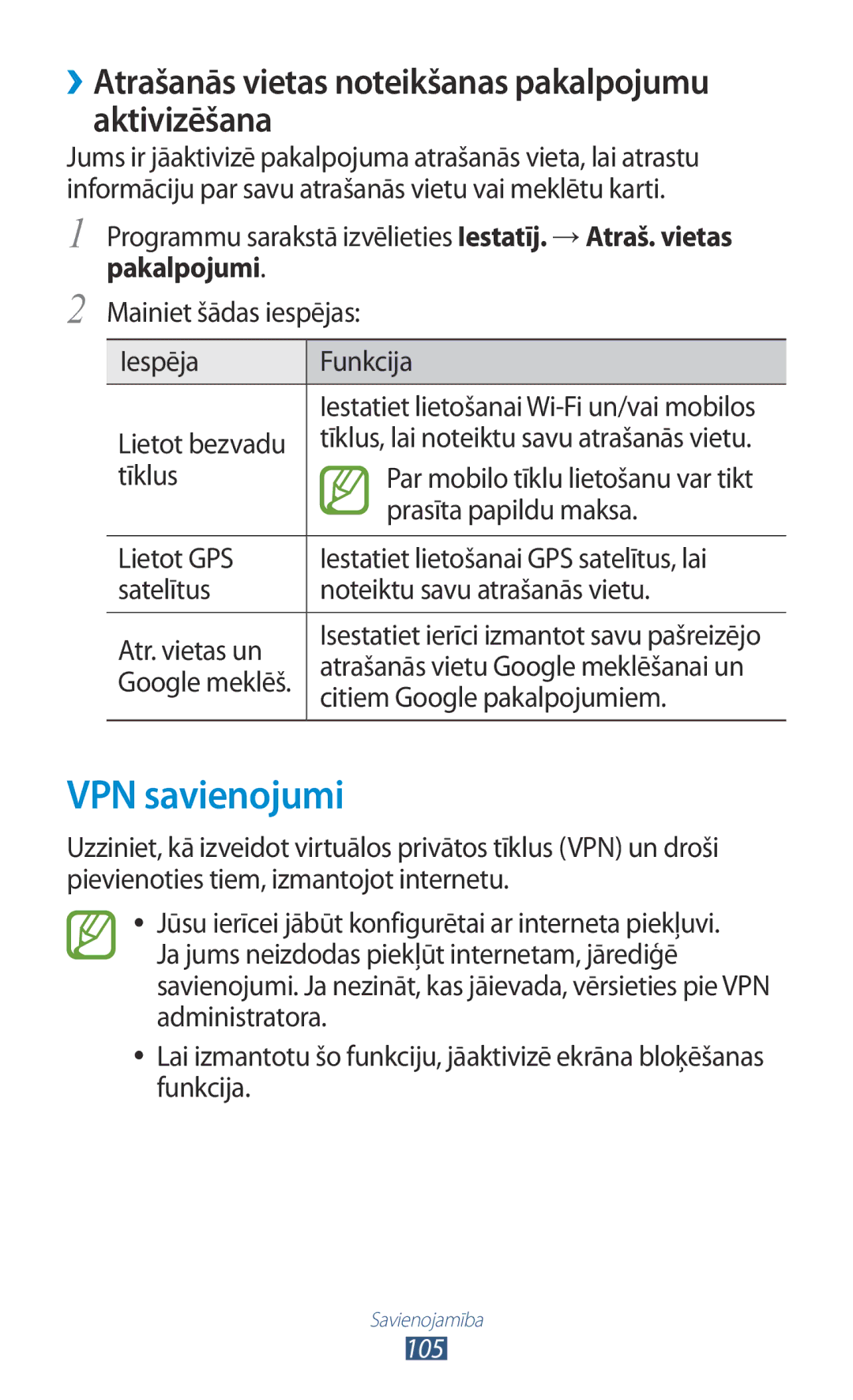 Samsung GT-S5301ZKASEB manual VPN savienojumi, ››Atrašanās vietas noteikšanas pakalpojumu aktivizēšana, Pakalpojumi 