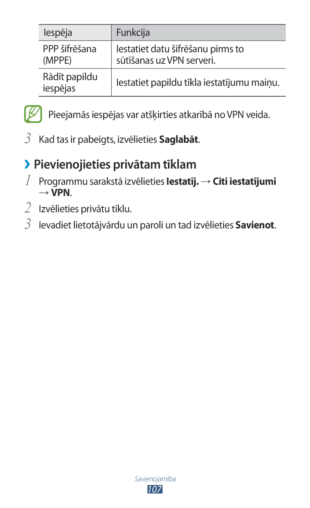 Samsung GT-S5301ZKASEB manual ››Pievienojieties privātam tīklam, Sūtīšanas uz VPN serveri, Rādīt papildu, Iespējas, → Vpn 