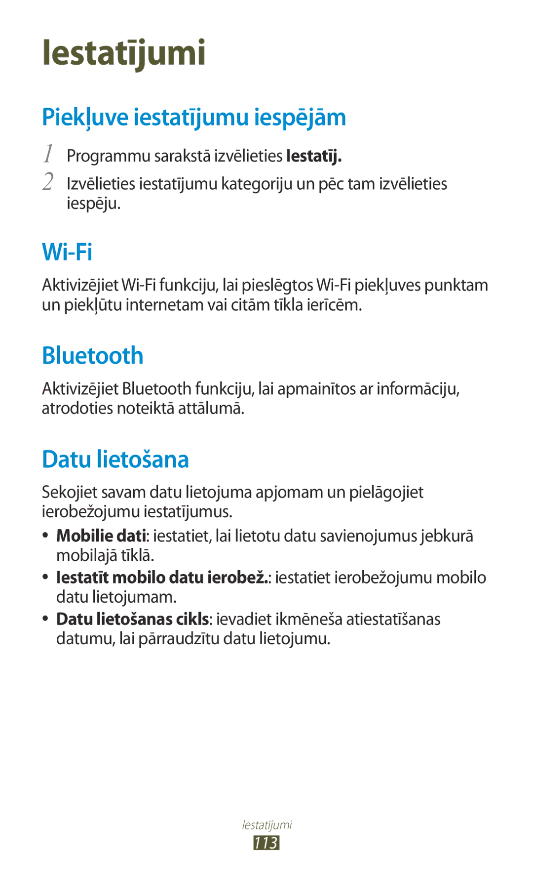 Samsung GT-S5301ZKASEB, GT-S5301ZWASEB manual Piekļuve iestatījumu iespējām, Datu lietošana 