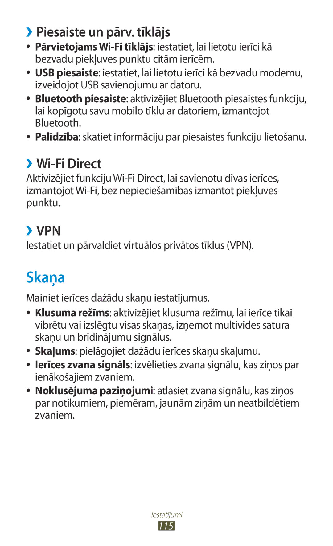 Samsung GT-S5301ZKASEB, GT-S5301ZWASEB manual Skaņa, ››Piesaiste un pārv. tīklājs, ››Wi-Fi Direct 