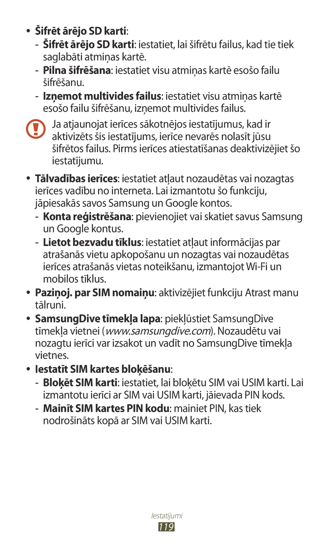 Samsung GT-S5301ZKASEB, GT-S5301ZWASEB manual Šifrēt ārējo SD karti 