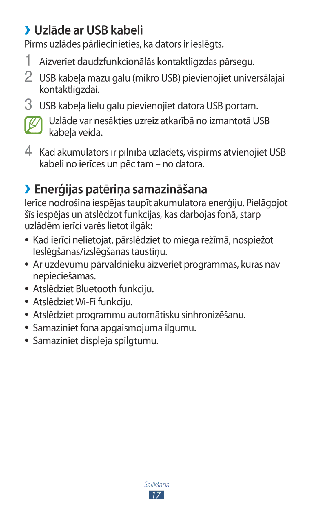 Samsung GT-S5301ZKASEB, GT-S5301ZWASEB manual ››Uzlāde ar USB kabeli, ››Enerģijas patēriņa samazināšana 