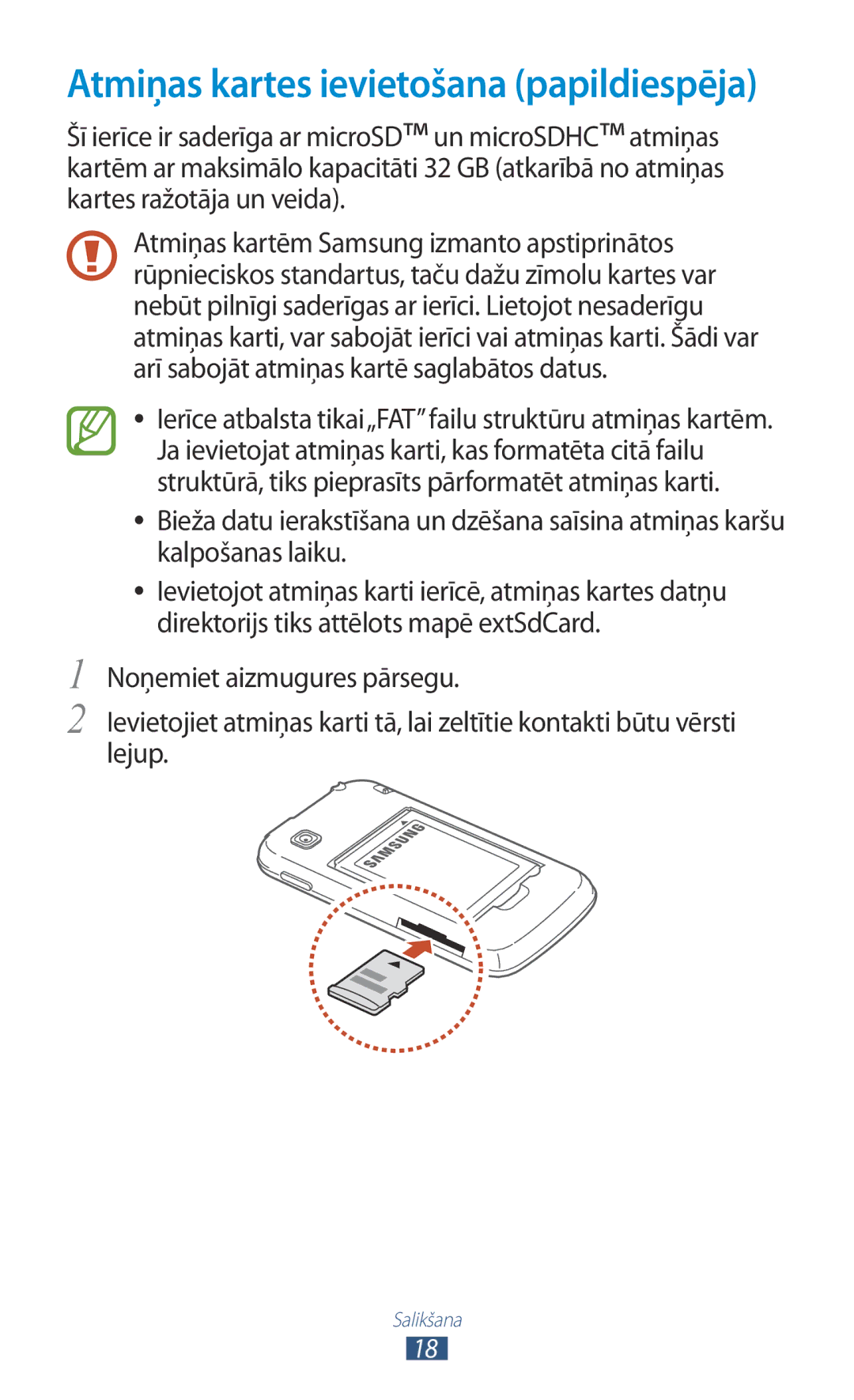 Samsung GT-S5301ZWASEB, GT-S5301ZKASEB manual Atmiņas kartes ievietošana papildiespēja 