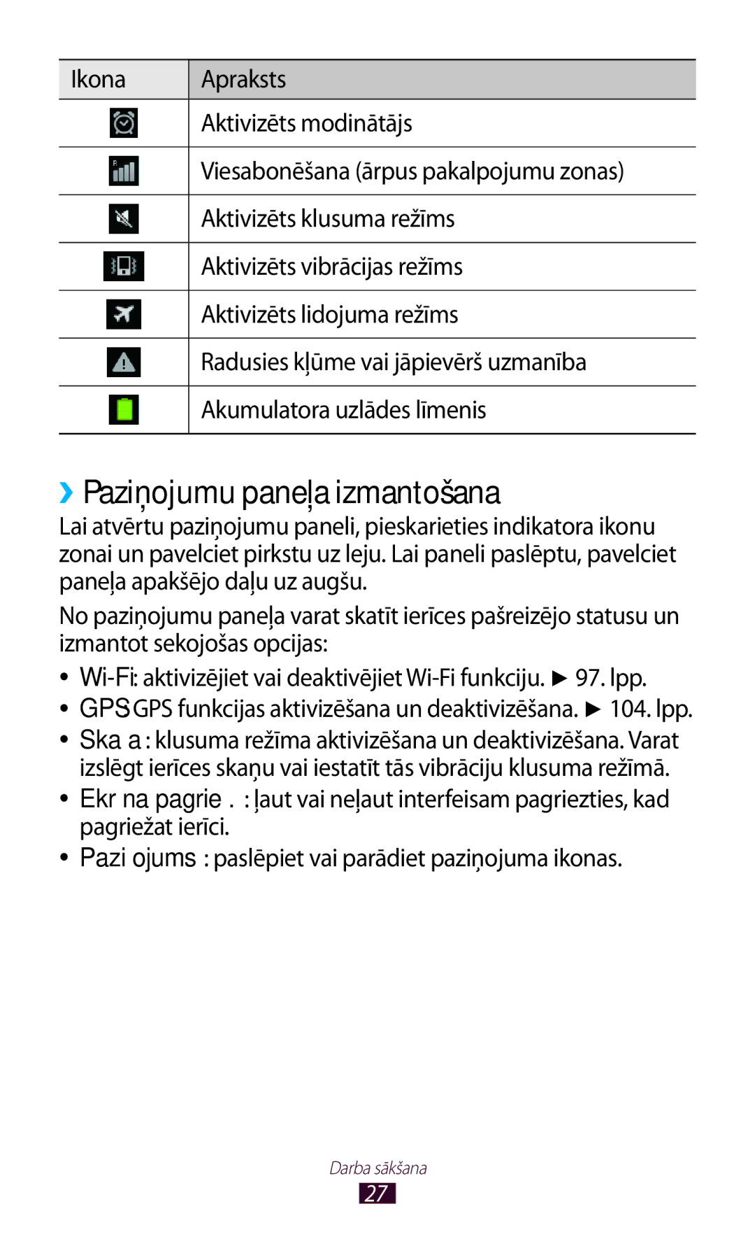 Samsung GT-S5301ZKASEB manual ››Paziņojumu paneļa izmantošana, GPS GPS funkcijas aktivizēšana un deaktivizēšana . lpp 