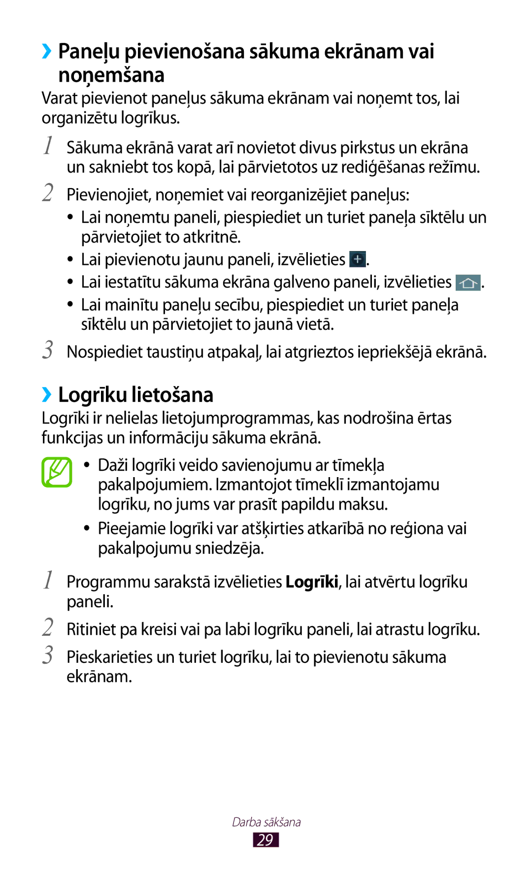 Samsung GT-S5301ZKASEB, GT-S5301ZWASEB manual ››Paneļu pievienošana sākuma ekrānam vai noņemšana, ››Logrīku lietošana 