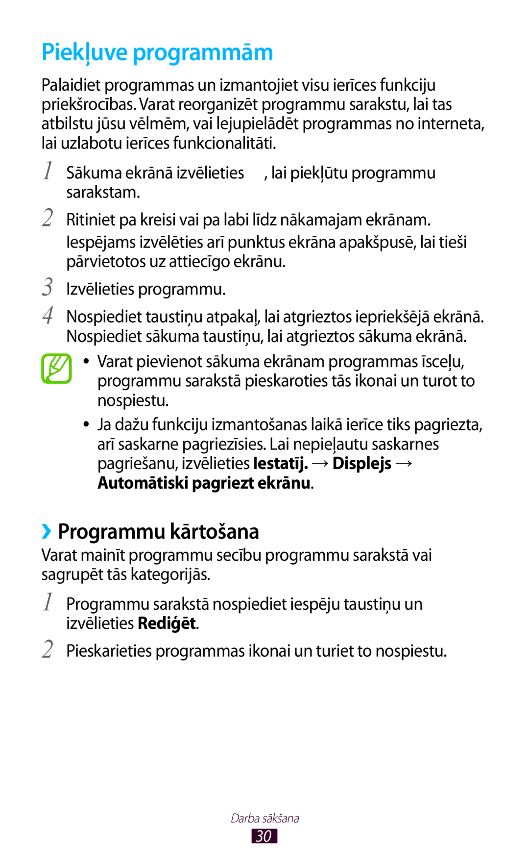 Samsung GT-S5301ZWASEB, GT-S5301ZKASEB manual Piekļuve programmām, ››Programmu kārtošana 