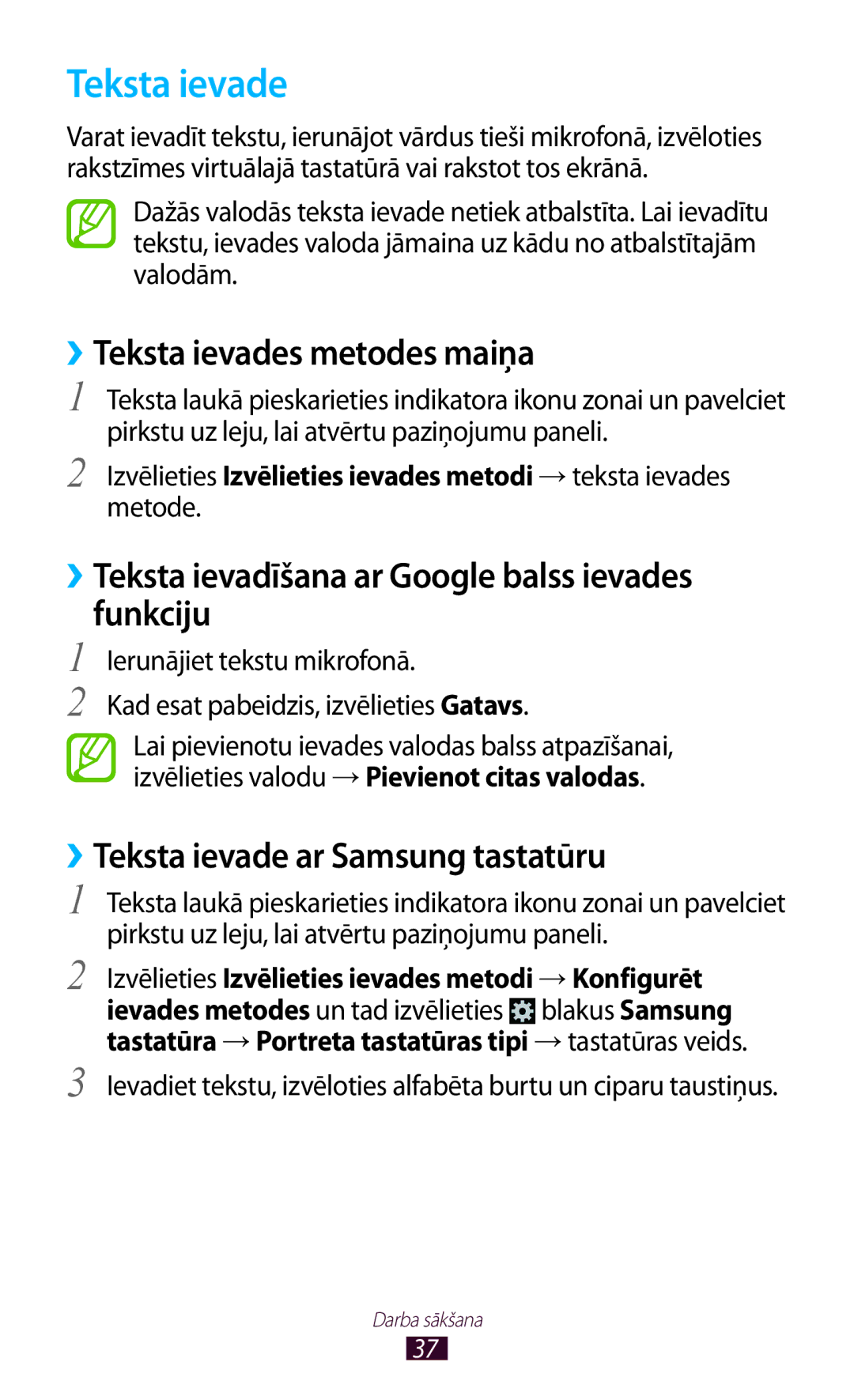 Samsung GT-S5301ZKASEB manual ››Teksta ievades metodes maiņa, ››Teksta ievadīšana ar Google balss ievades funkciju 