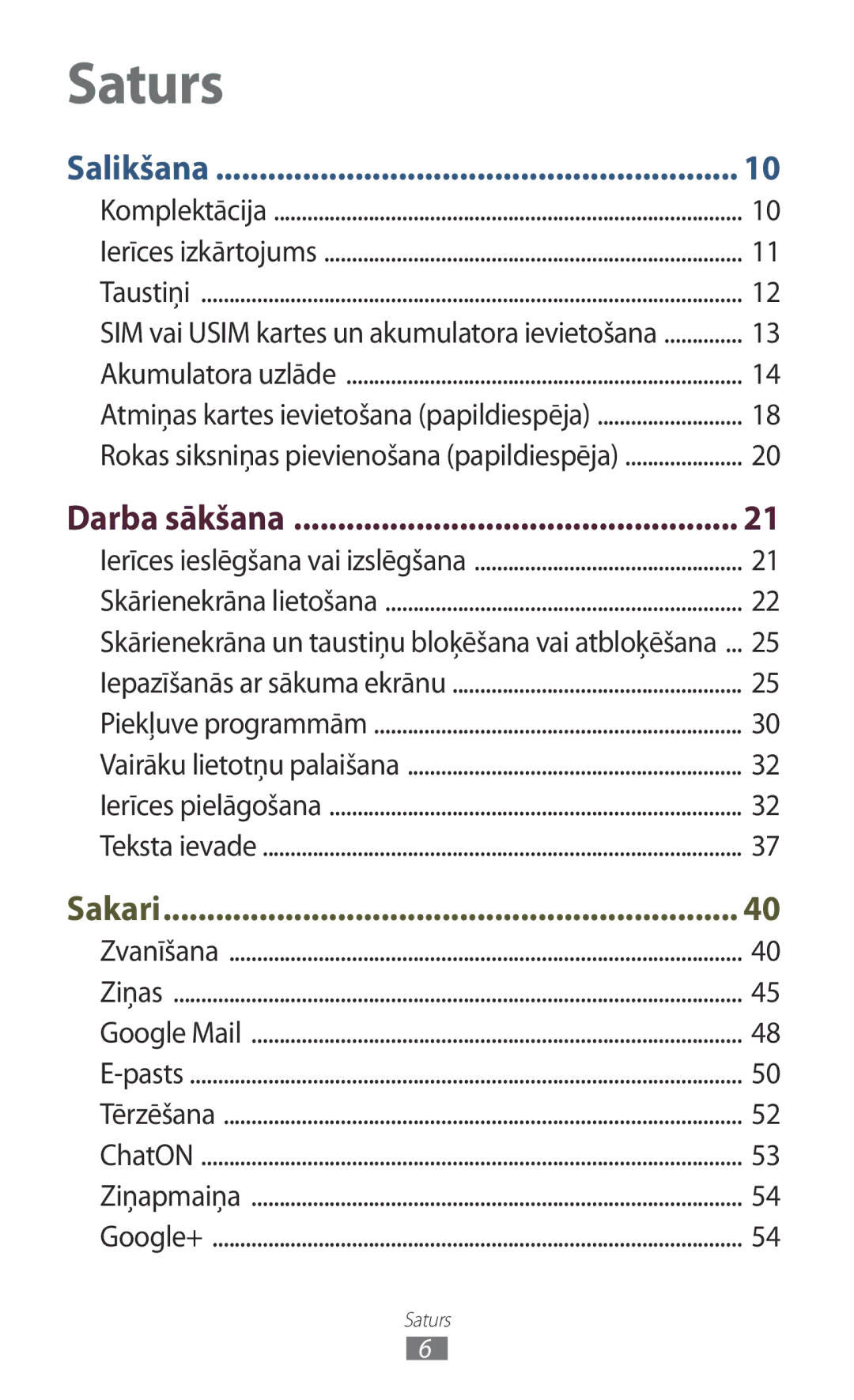 Samsung GT-S5301ZWASEB, GT-S5301ZKASEB manual Saturs, Darba sākšana 