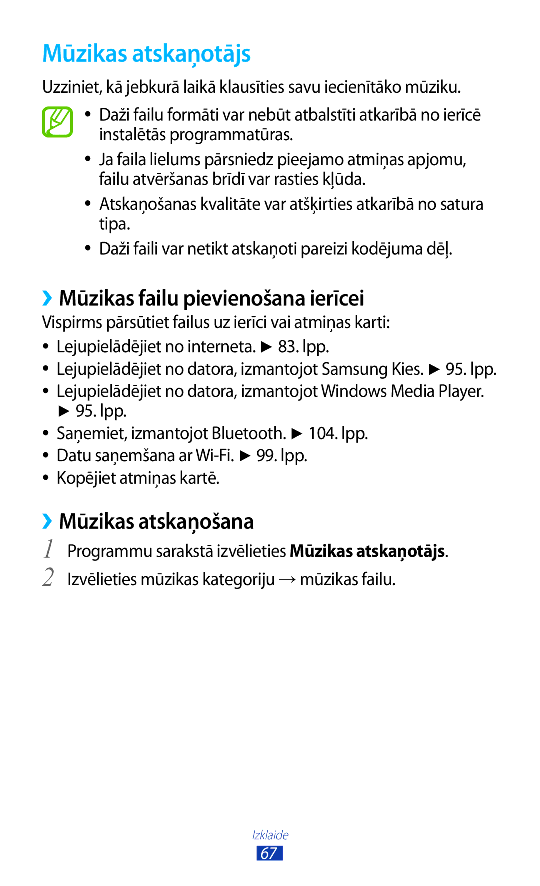Samsung GT-S5301ZKASEB manual Mūzikas atskaņotājs, ››Mūzikas failu pievienošana ierīcei, ››Mūzikas atskaņošana, Lpp 