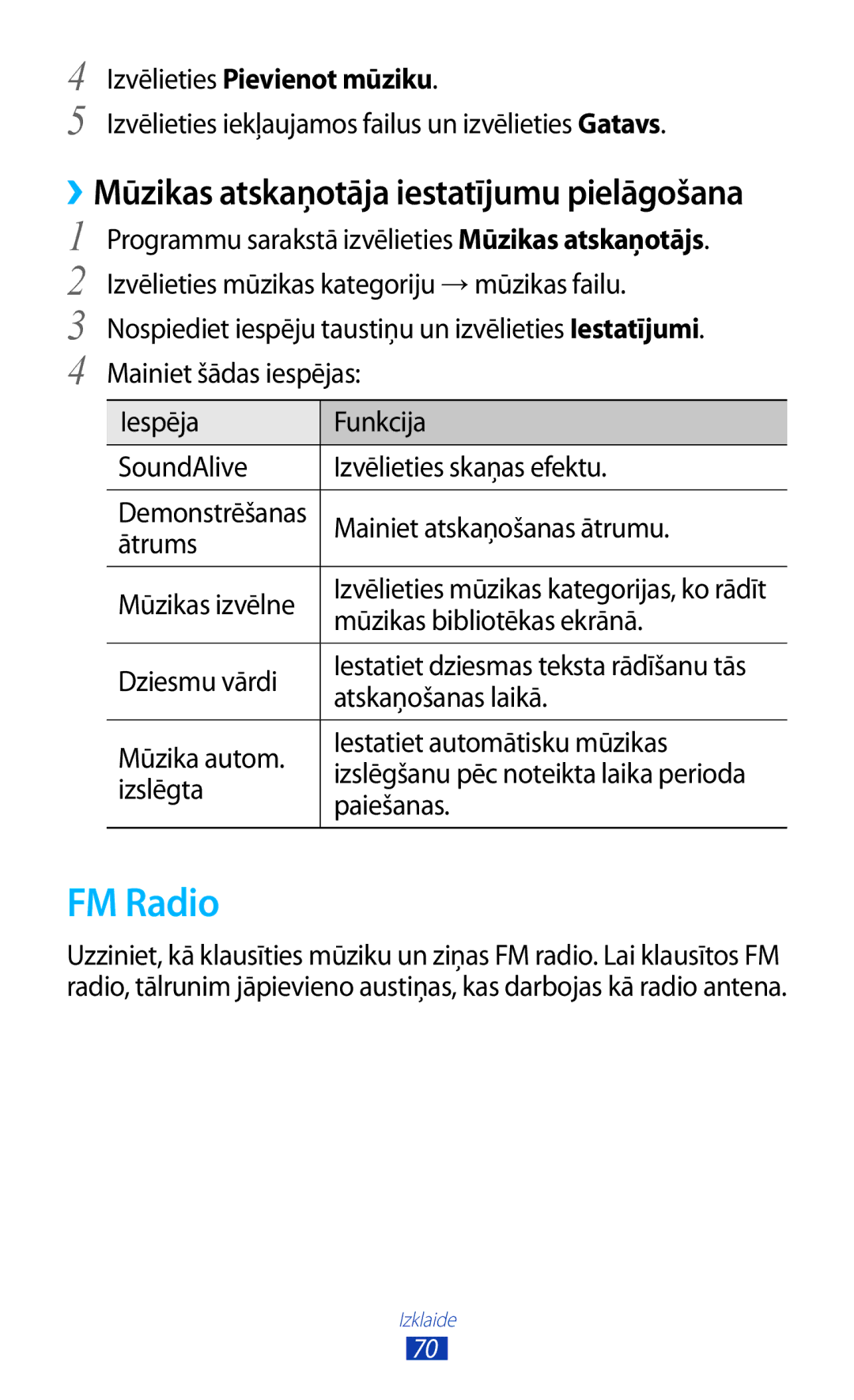 Samsung GT-S5301ZWASEB, GT-S5301ZKASEB manual FM Radio, Izvēlieties Pievienot mūziku 