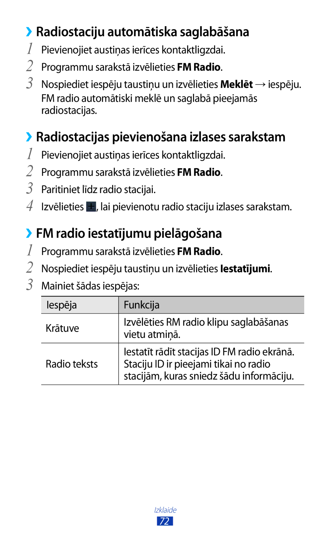 Samsung GT-S5301ZWASEB, GT-S5301ZKASEB manual ››Radiostaciju automātiska saglabāšana, ››FM radio iestatījumu pielāgošana 