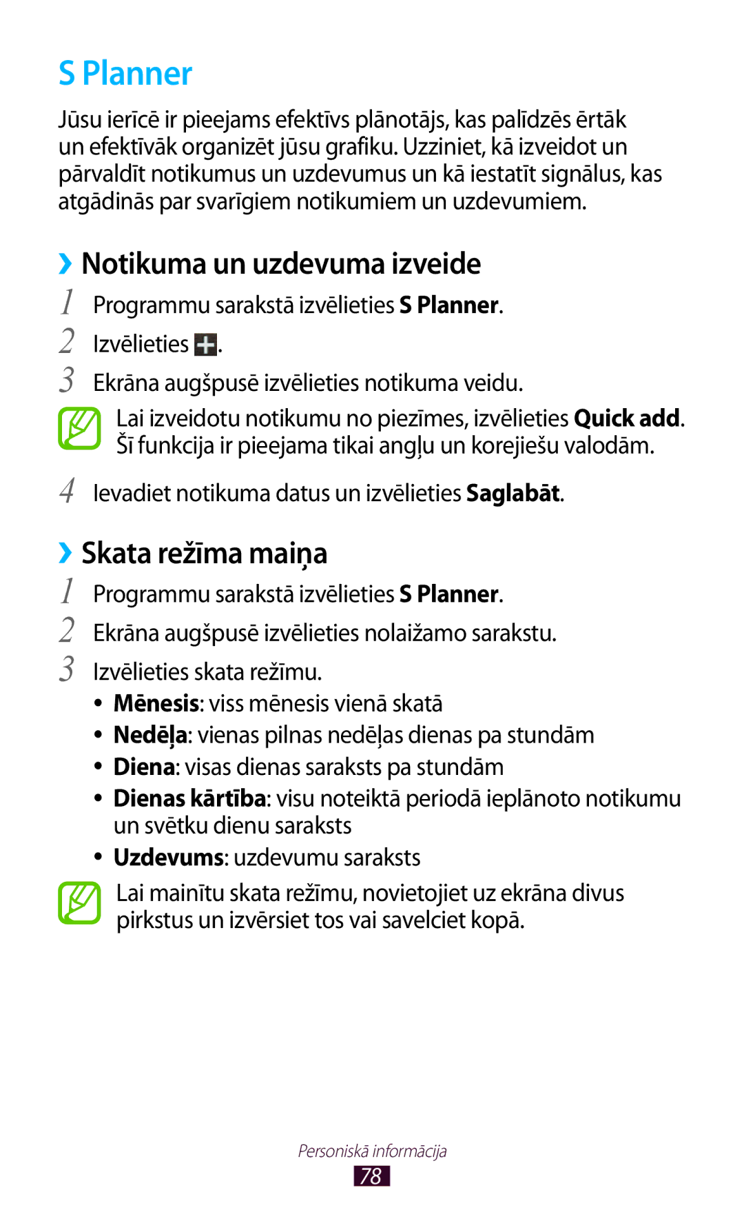 Samsung GT-S5301ZWASEB, GT-S5301ZKASEB manual Planner, ››Notikuma un uzdevuma izveide, ››Skata režīma maiņa 