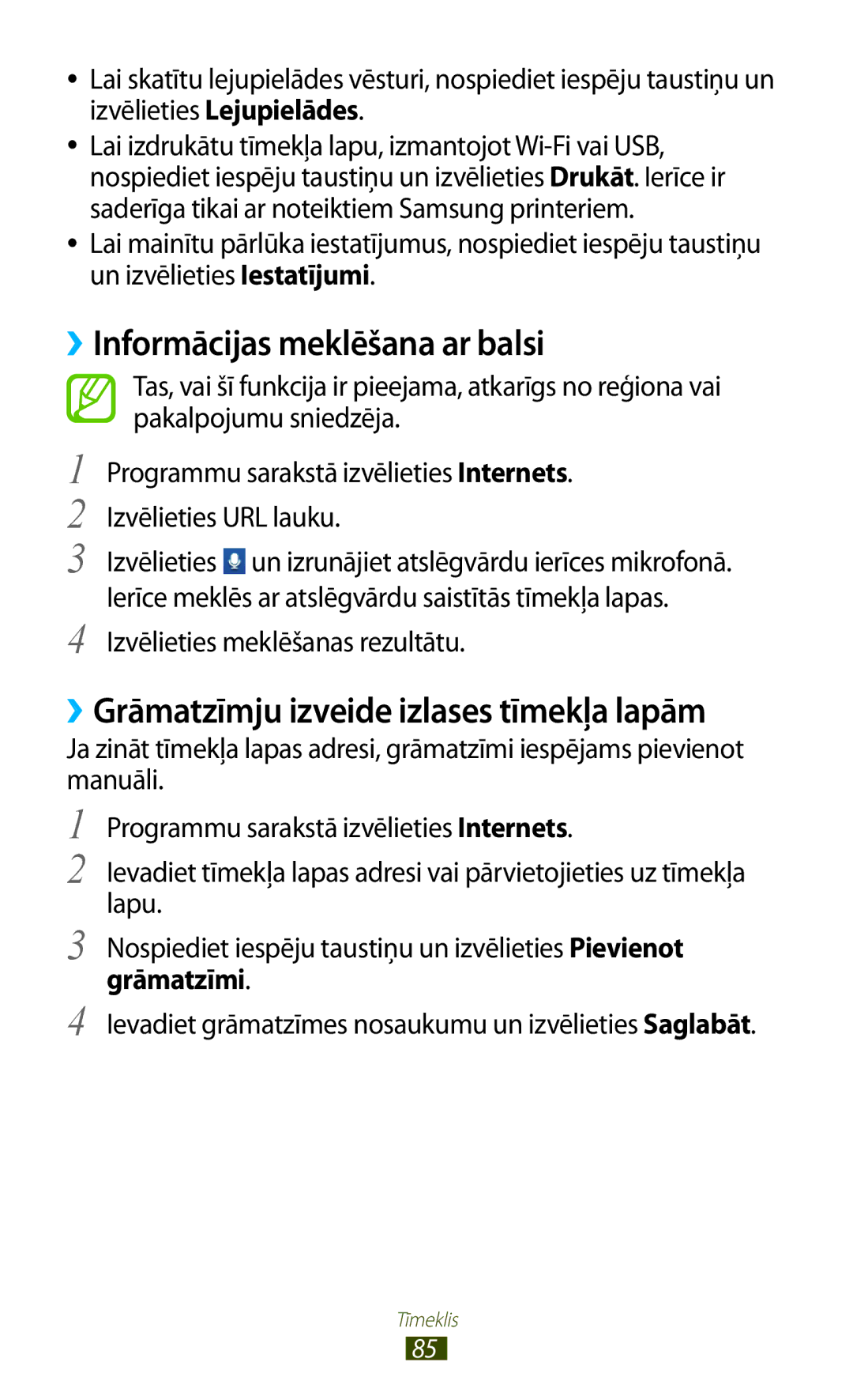 Samsung GT-S5301ZKASEB, GT-S5301ZWASEB manual ››Informācijas meklēšana ar balsi, ››Grāmatzīmju izveide izlases tīmekļa lapām 