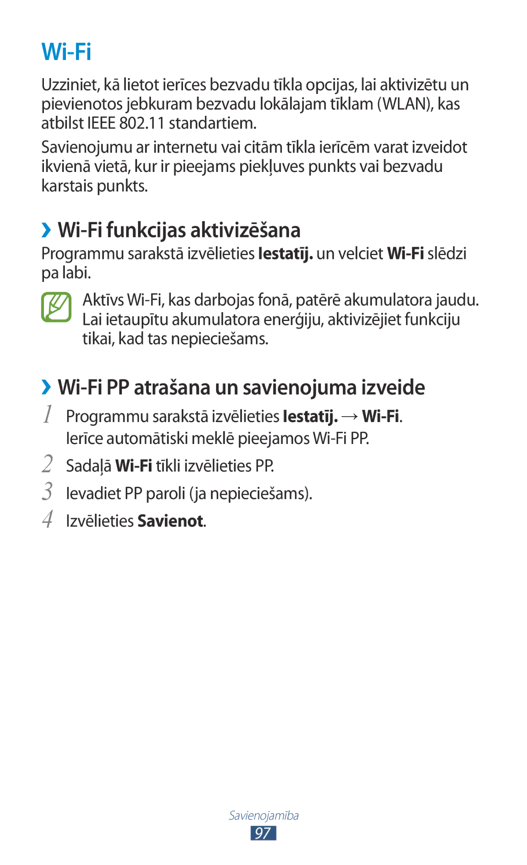 Samsung GT-S5301ZKASEB, GT-S5301ZWASEB manual ››Wi-Fi funkcijas aktivizēšana, ››Wi-Fi PP atrašana un savienojuma izveide 