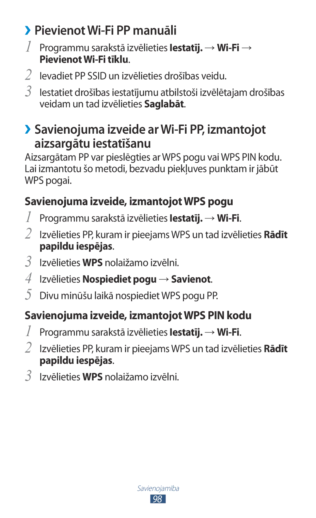 Samsung GT-S5301ZWASEB, GT-S5301ZKASEB manual ››Pievienot Wi-Fi PP manuāli, Programmu sarakstā izvēlieties Iestatīj. →Wi-Fi→ 