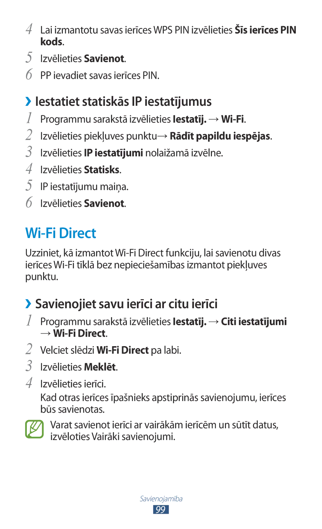 Samsung GT-S5301ZKASEB Wi-Fi Direct, ››Iestatiet statiskās IP iestatījumus, ››Savienojiet savu ierīci ar citu ierīci, Kods 