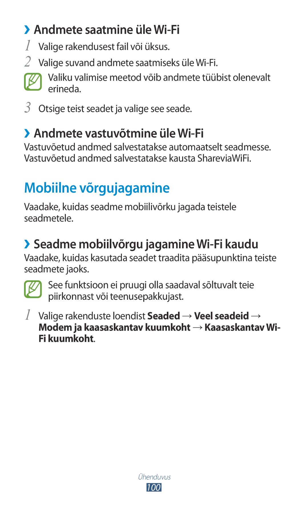 Samsung GT-S5301ZWASEB manual Mobiilne võrgujagamine, ››Andmete saatmine üle Wi-Fi, ››Andmete vastuvõtmine üle Wi-Fi 