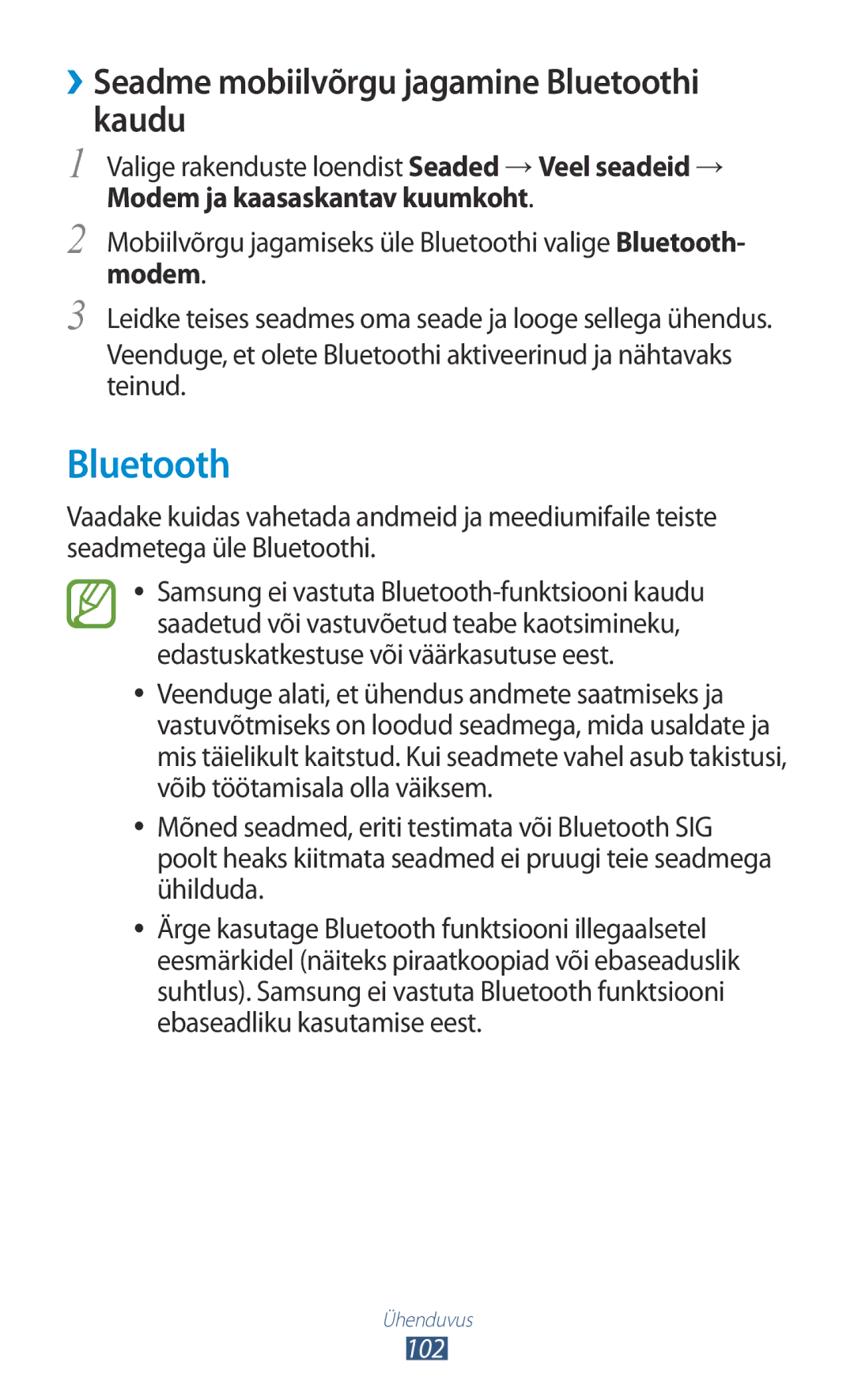 Samsung GT-S5301ZWASEB, GT-S5301ZKASEB manual ››Seadme mobiilvõrgu jagamine Bluetoothi kaudu 