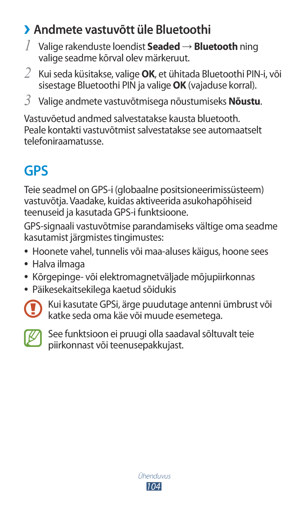 Samsung GT-S5301ZWASEB, GT-S5301ZKASEB manual Gps, ››Andmete vastuvõtt üle Bluetoothi 