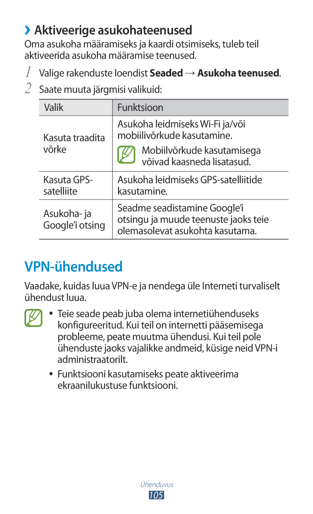 Samsung GT-S5301ZKASEB, GT-S5301ZWASEB manual VPN-ühendused, ››Aktiveerige asukohateenused, Mobiilivõrkude kasutamine 