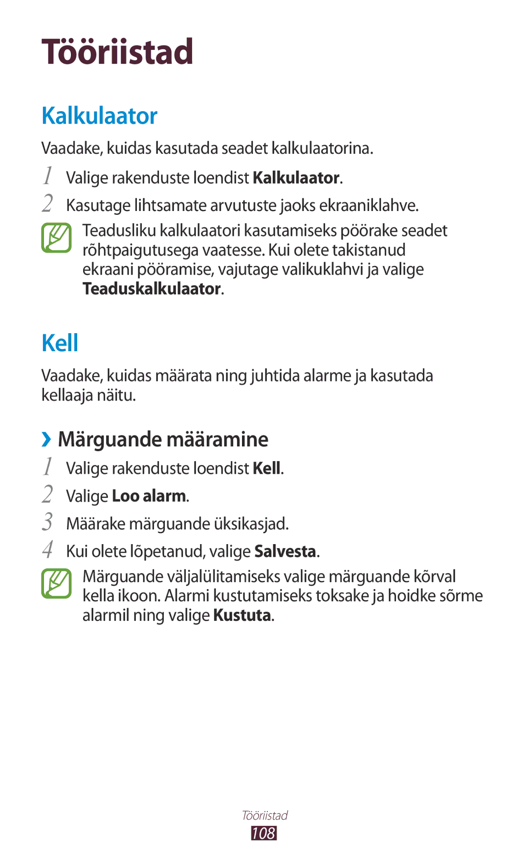 Samsung GT-S5301ZWASEB manual Kalkulaator, ››Märguande määramine, Valige rakenduste loendist Kell, Valige Loo alarm 