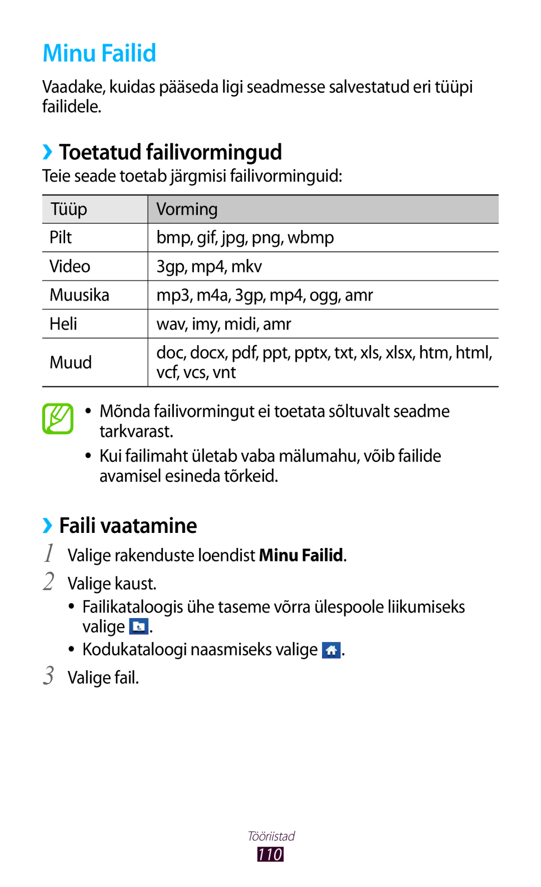 Samsung GT-S5301ZWASEB, GT-S5301ZKASEB manual Minu Failid, ››Toetatud failivormingud, ››Faili vaatamine 