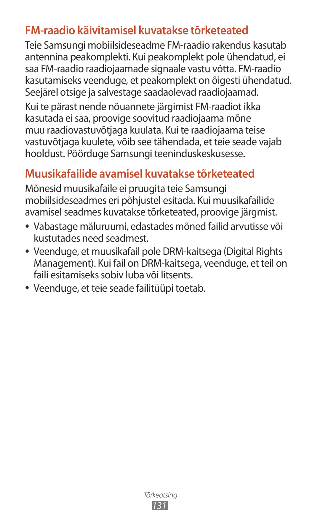 Samsung GT-S5301ZKASEB manual FM-raadio käivitamisel kuvatakse tõrketeated, Veenduge, et teie seade failitüüpi toetab 