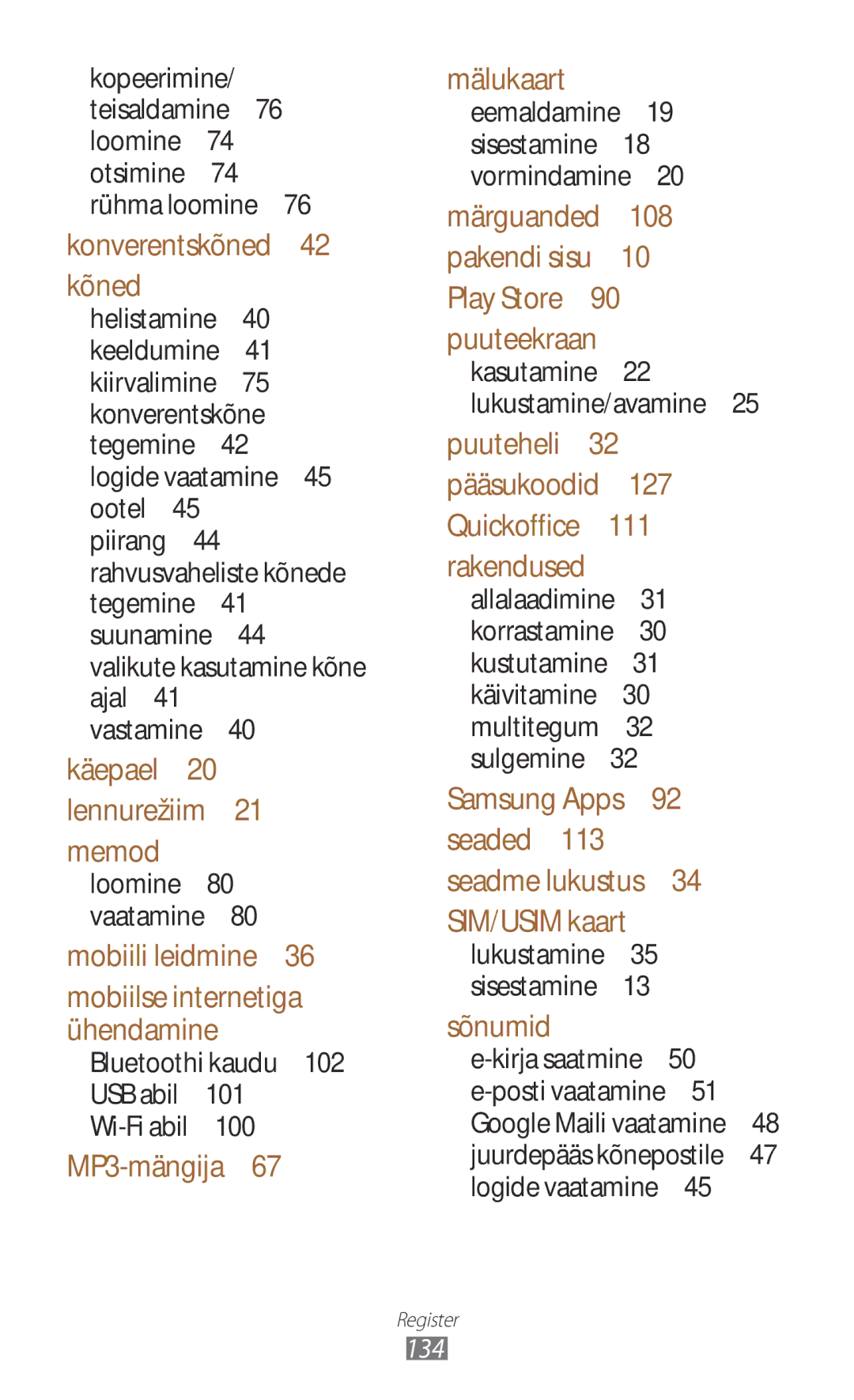 Samsung GT-S5301ZWASEB, GT-S5301ZKASEB manual Käepael 20 lennurežiim 21 memod 