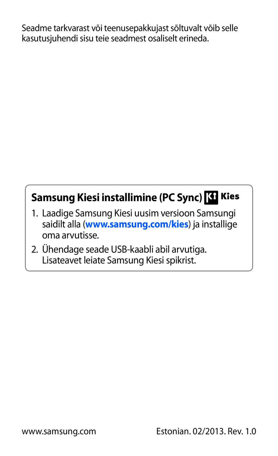 Samsung GT-S5301ZWASEB, GT-S5301ZKASEB manual Samsung Kiesi installimine PC Sync 