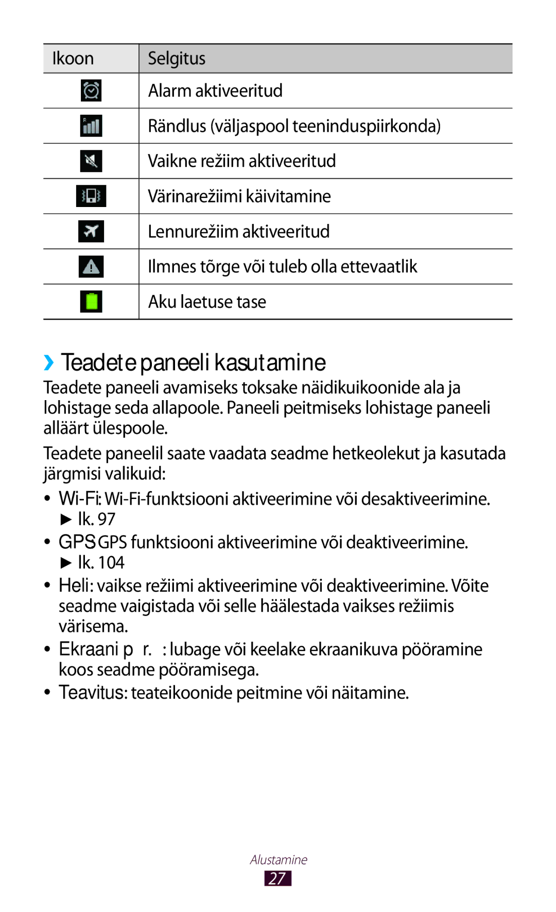 Samsung GT-S5301ZKASEB, GT-S5301ZWASEB manual ››Teadete paneeli kasutamine 