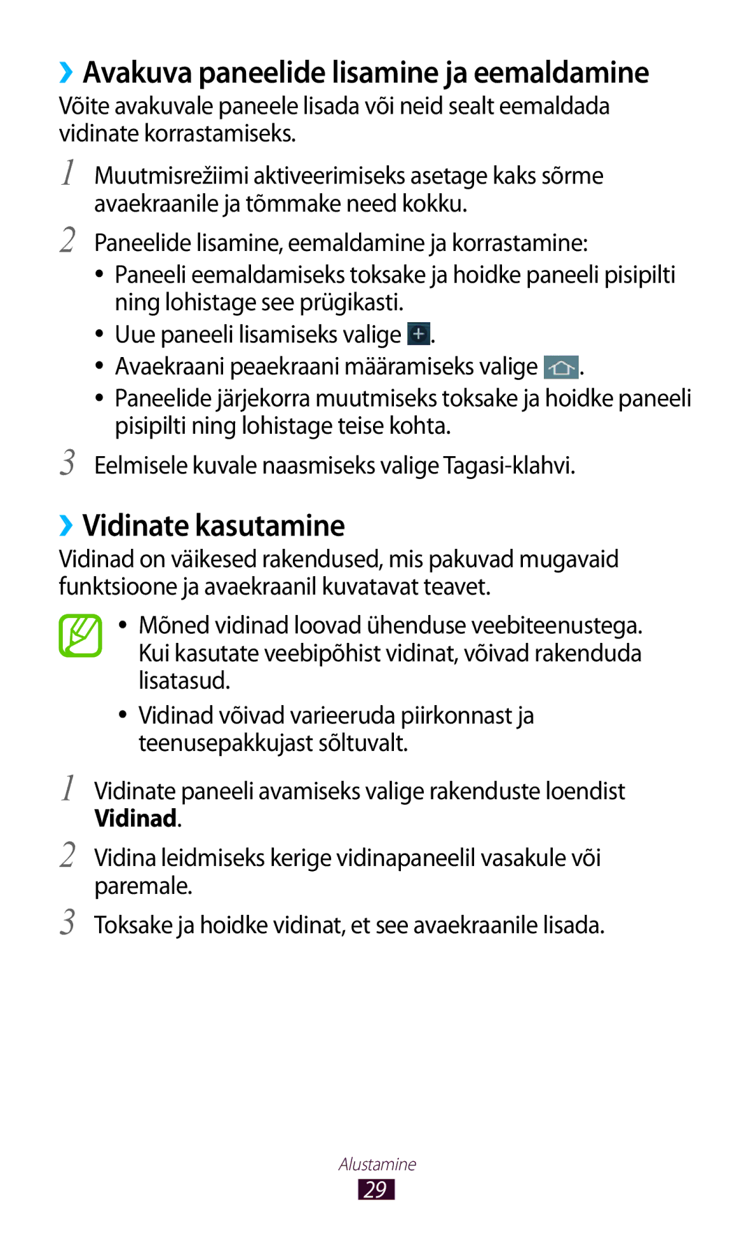 Samsung GT-S5301ZKASEB, GT-S5301ZWASEB manual ››Vidinate kasutamine, ››Avakuva paneelide lisamine ja eemaldamine 