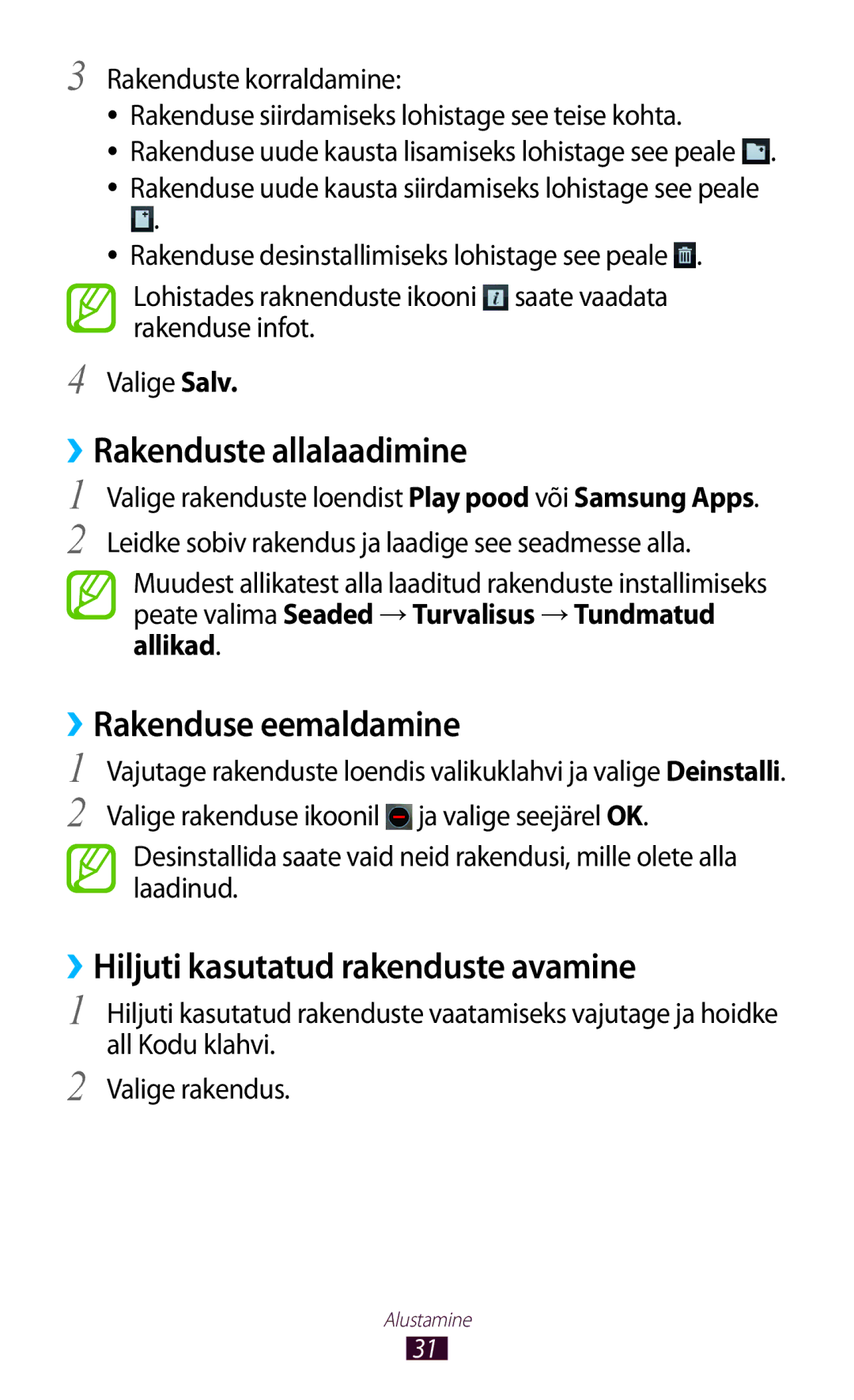 Samsung GT-S5301ZKASEB manual ››Rakenduste allalaadimine, ››Rakenduse eemaldamine, ››Hiljuti kasutatud rakenduste avamine 