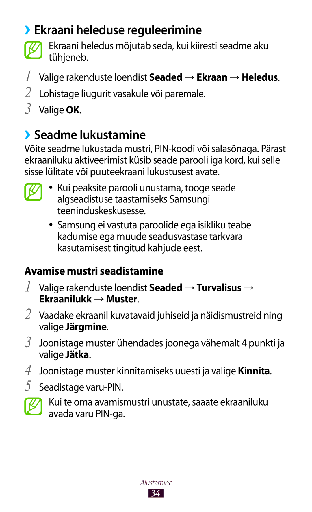 Samsung GT-S5301ZWASEB manual ››Ekraani heleduse reguleerimine, ››Seadme lukustamine, Valige OK, Ekraanilukk →Muster 