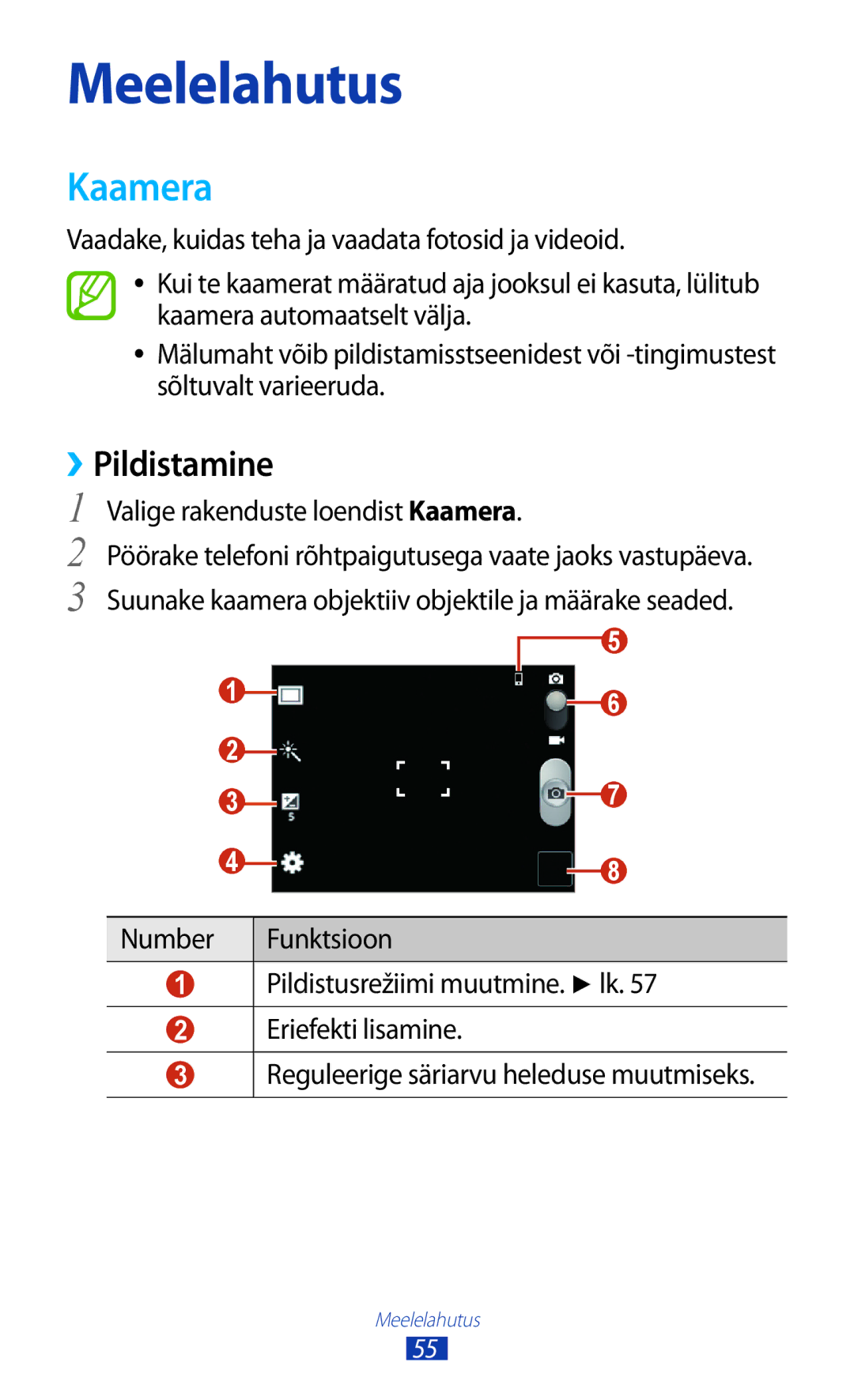 Samsung GT-S5301ZKASEB, GT-S5301ZWASEB manual ››Pildistamine, Valige rakenduste loendist Kaamera 