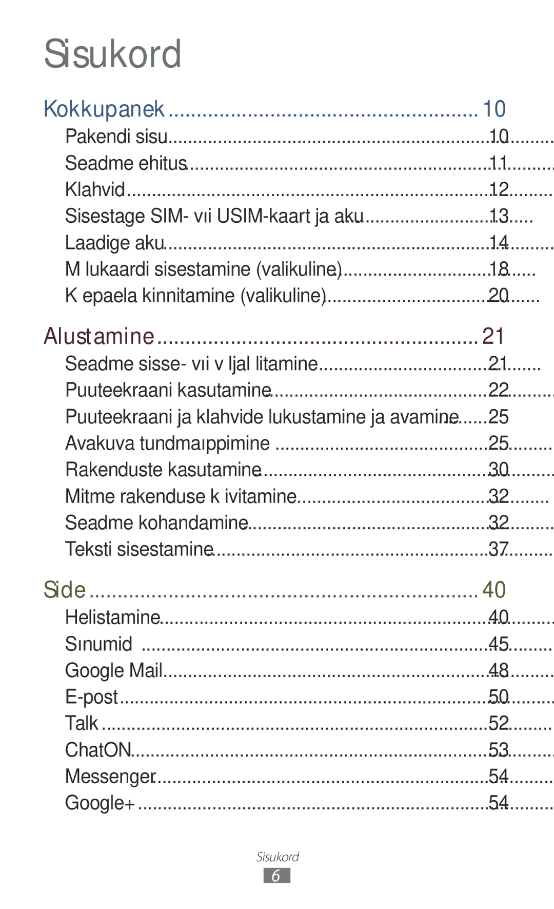 Samsung GT-S5301ZWASEB, GT-S5301ZKASEB manual Sisukord, Alustamine 