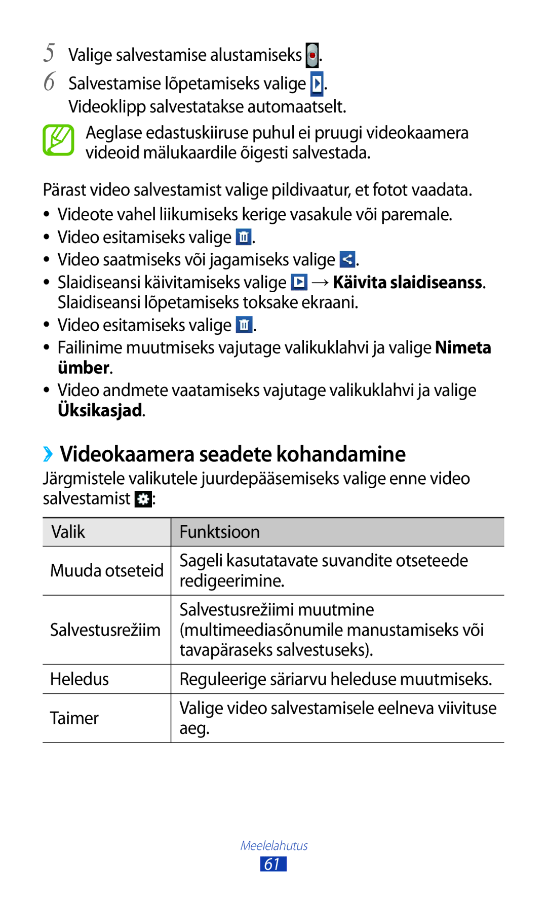 Samsung GT-S5301ZKASEB ››Videokaamera seadete kohandamine, Valige salvestamise alustamiseks, Tavapäraseks salvestuseks 