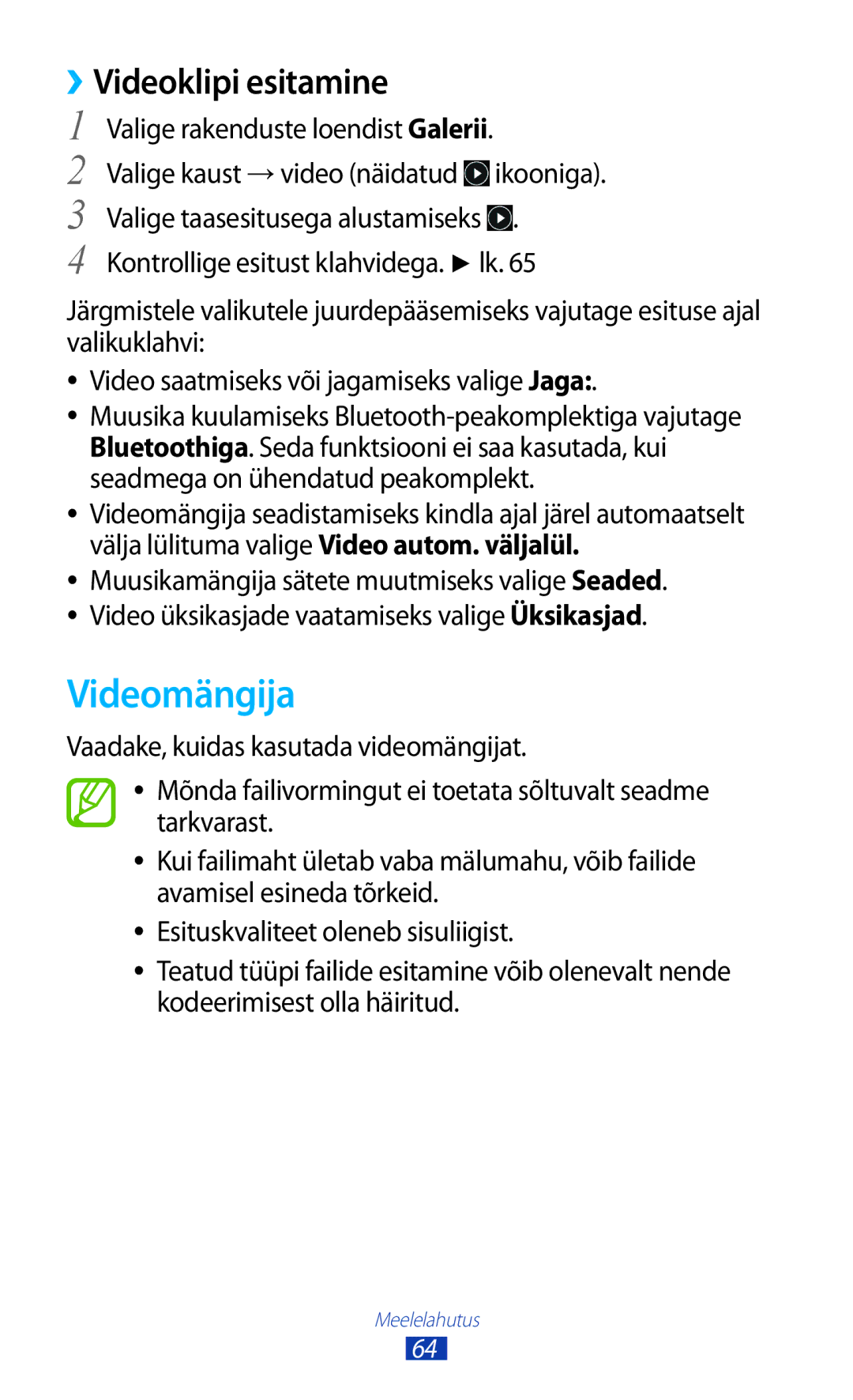 Samsung GT-S5301ZWASEB, GT-S5301ZKASEB manual Videomängija, ››Videoklipi esitamine 