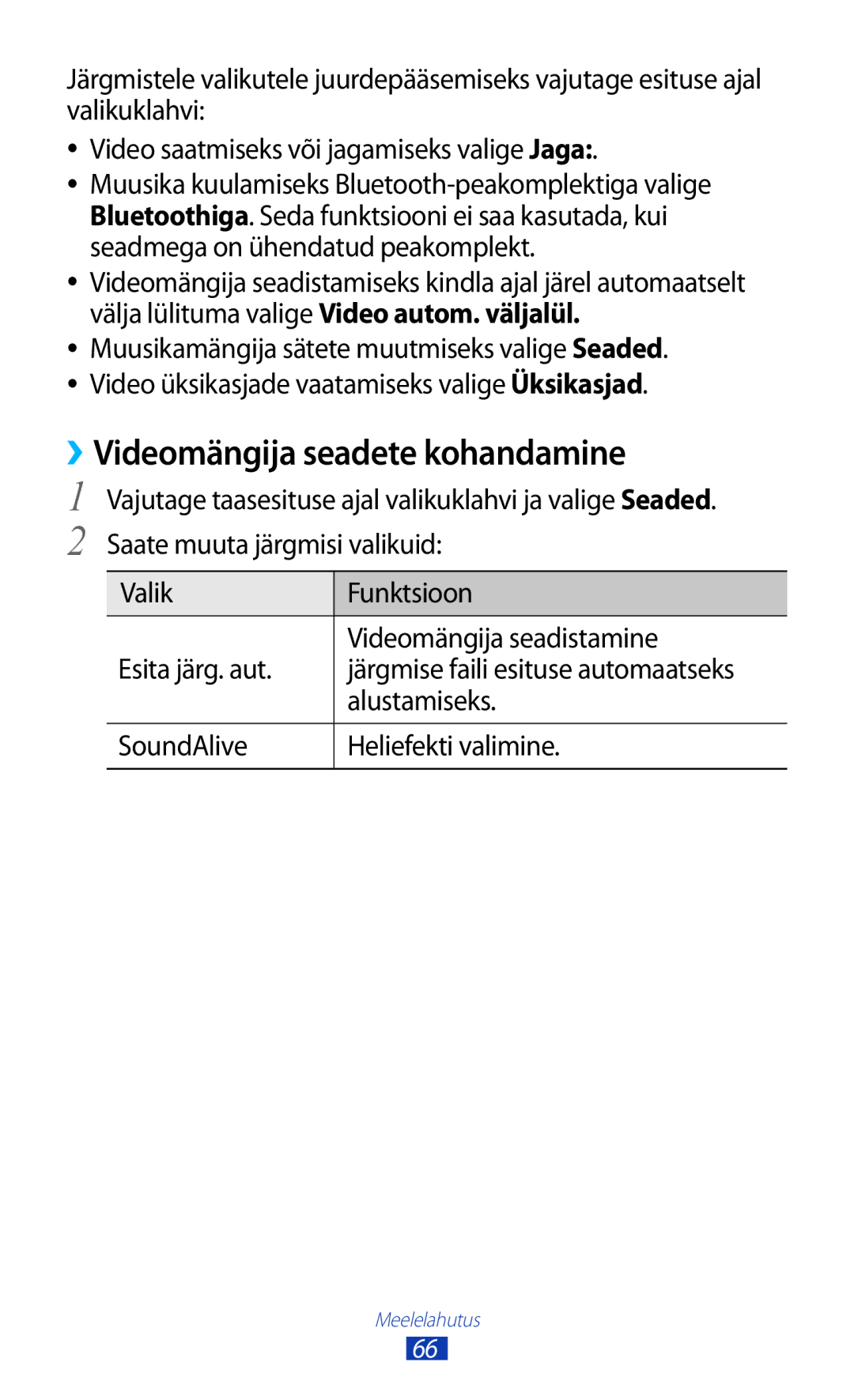 Samsung GT-S5301ZWASEB, GT-S5301ZKASEB ››Videomängija seadete kohandamine, Alustamiseks, SoundAlive Heliefekti valimine 