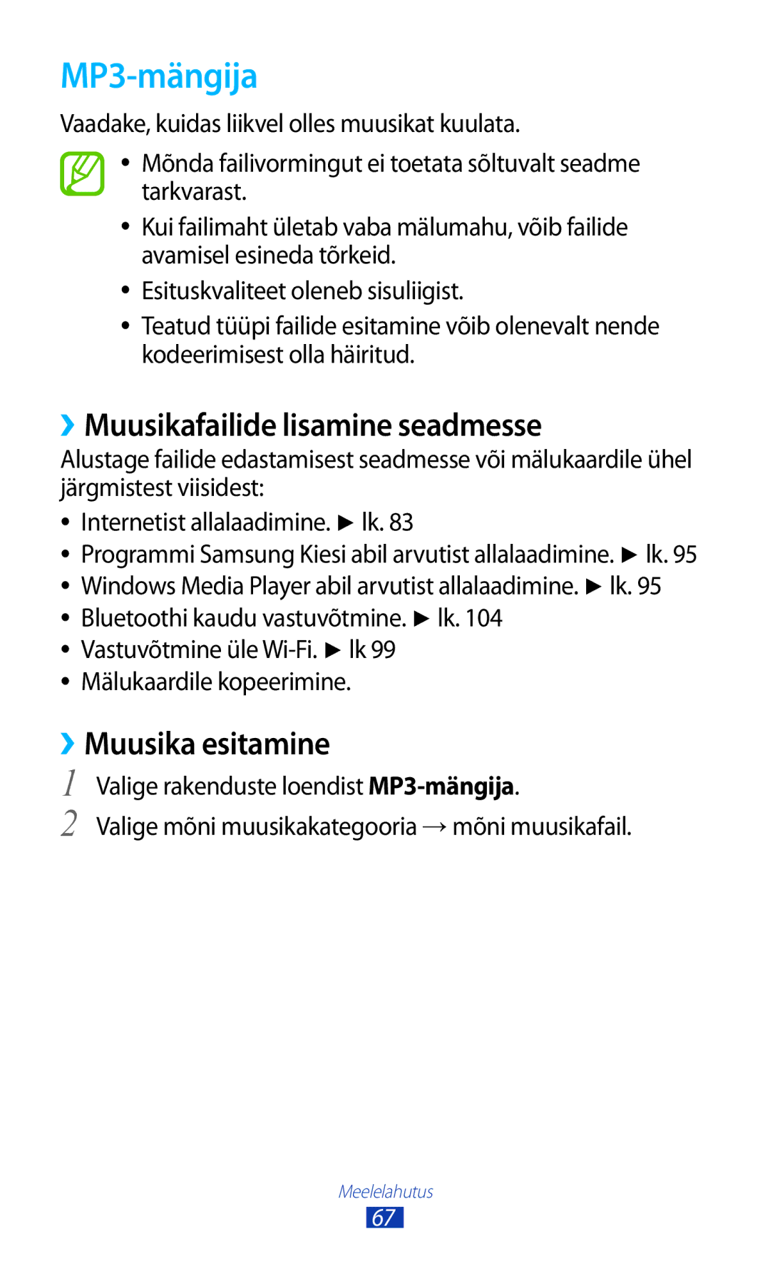 Samsung GT-S5301ZKASEB, GT-S5301ZWASEB manual MP3-mängija, ››Muusikafailide lisamine seadmesse, ››Muusika esitamine 