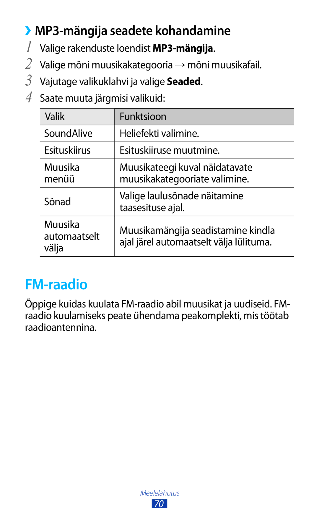 Samsung GT-S5301ZWASEB manual FM-raadio, ››MP3-mängija seadete kohandamine, Valige rakenduste loendist MP3-mängija 