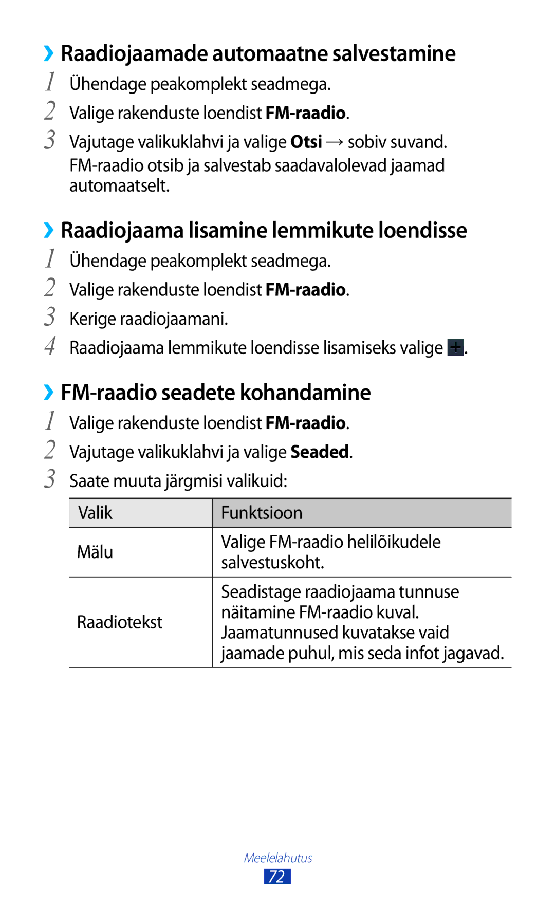 Samsung GT-S5301ZWASEB, GT-S5301ZKASEB manual ››Raadiojaamade automaatne salvestamine, ››FM-raadio seadete kohandamine 