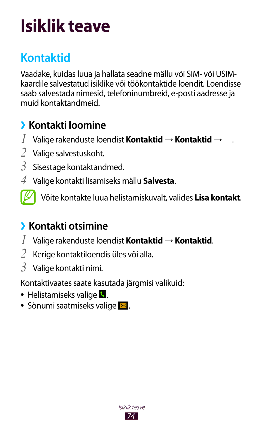 Samsung GT-S5301ZWASEB, GT-S5301ZKASEB manual Kontaktid, ››Kontakti loomine, ››Kontakti otsimine 