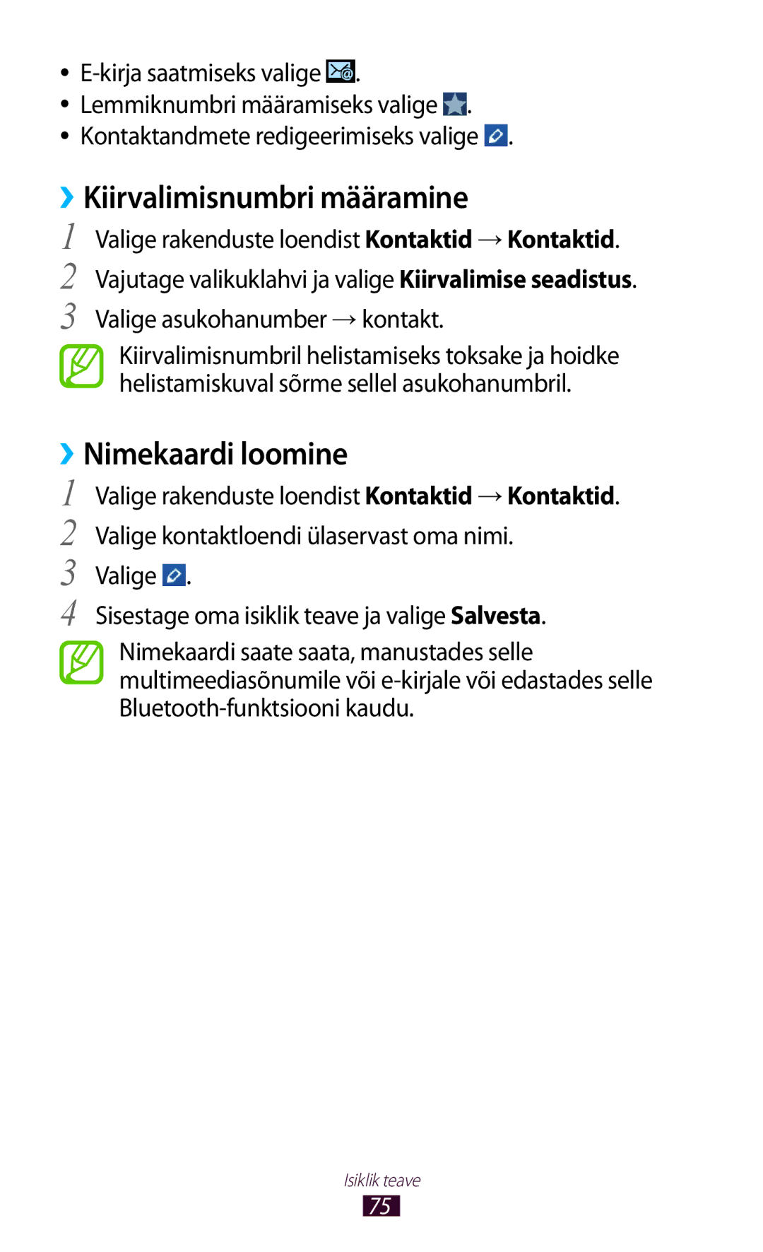 Samsung GT-S5301ZKASEB, GT-S5301ZWASEB manual ››Kiirvalimisnumbri määramine, ››Nimekaardi loomine 