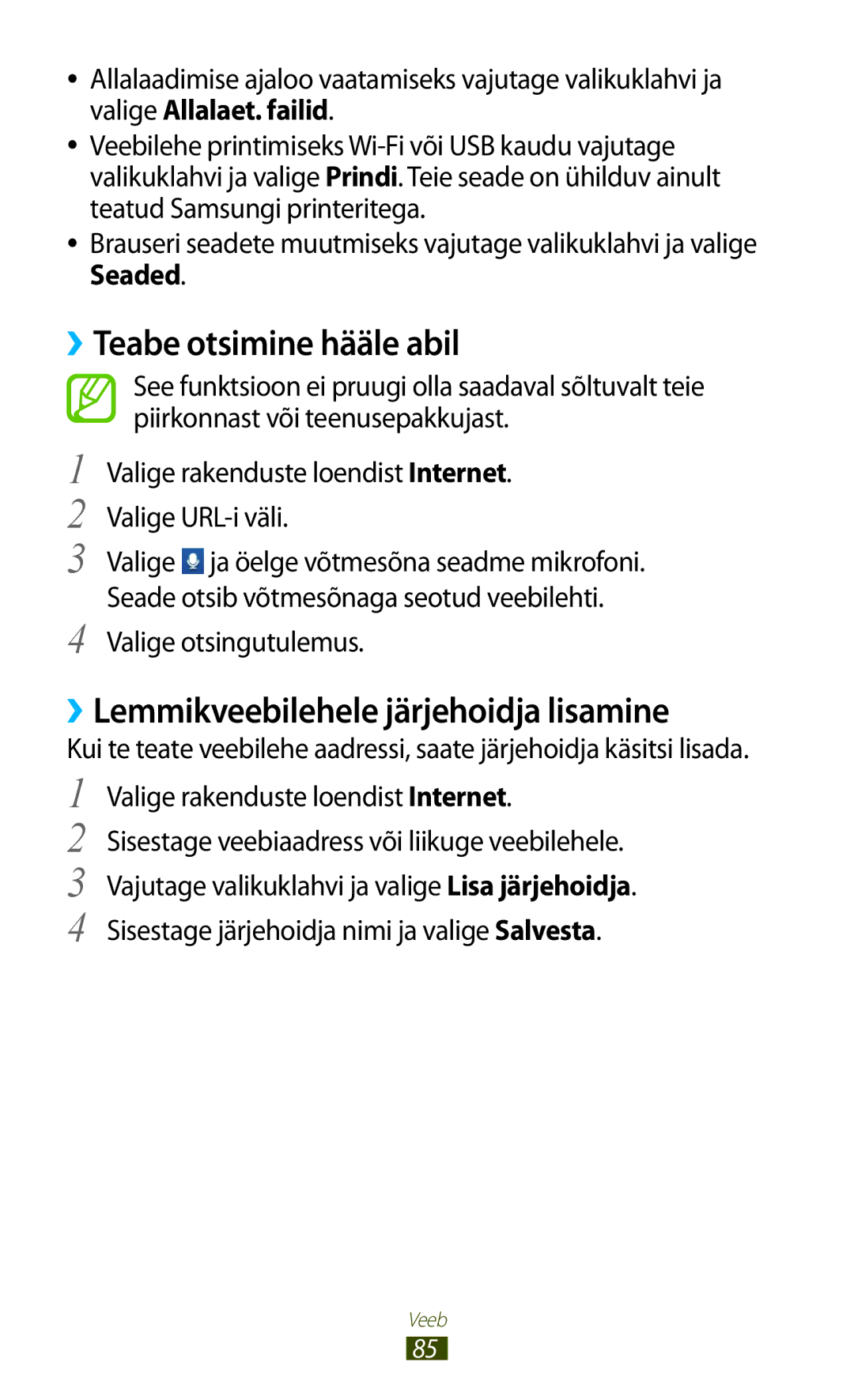 Samsung GT-S5301ZKASEB manual ››Teabe otsimine hääle abil, ››Lemmikveebilehele järjehoidja lisamine, Valige otsingutulemus 