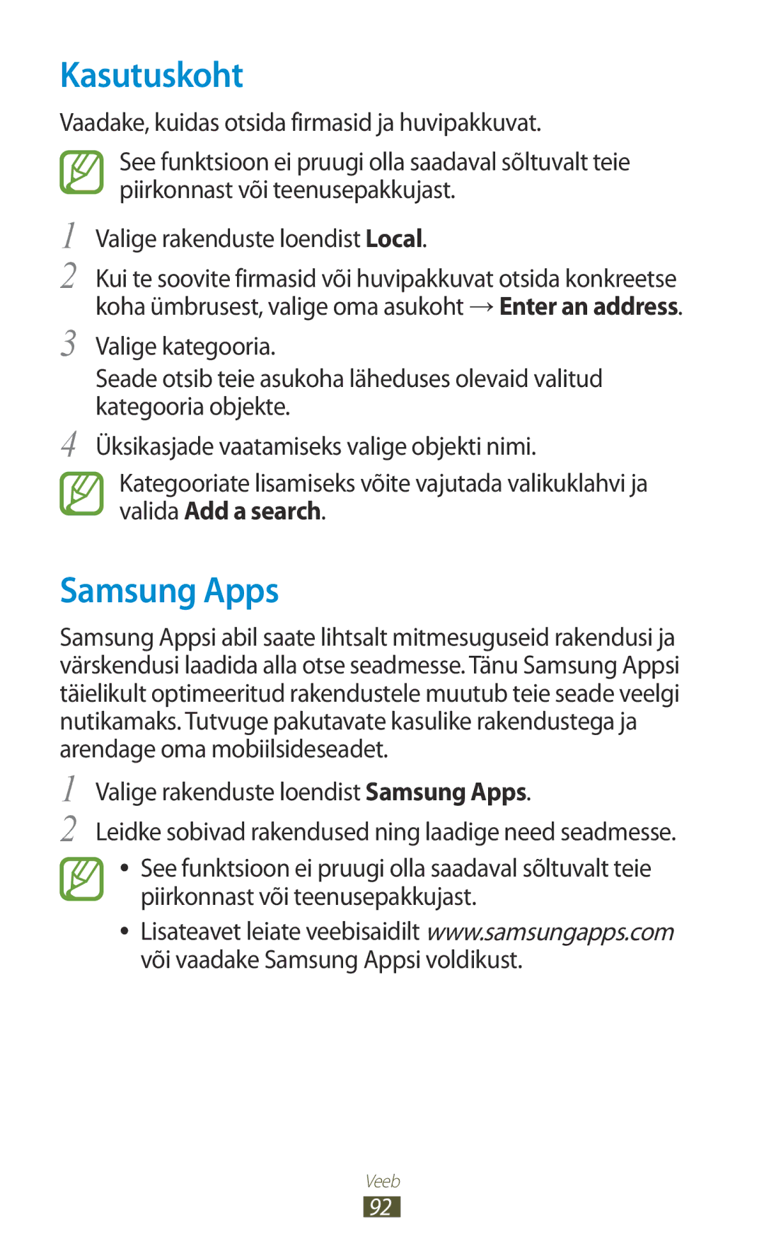 Samsung GT-S5301ZWASEB, GT-S5301ZKASEB manual Kasutuskoht, Samsung Apps, Vaadake, kuidas otsida firmasid ja huvipakkuvat 