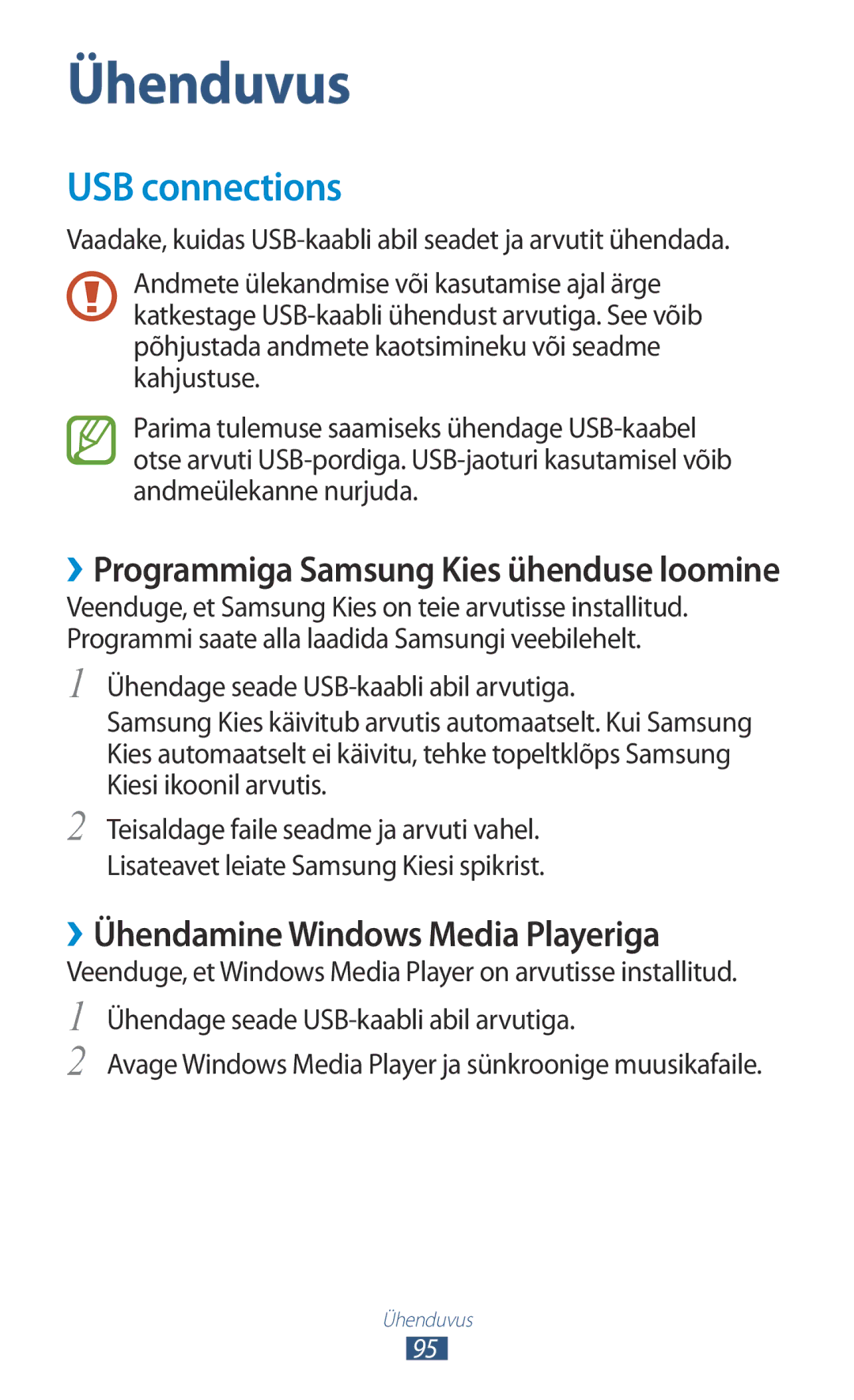 Samsung GT-S5301ZKASEB, GT-S5301ZWASEB manual USB connections, ››Ühendamine Windows Media Playeriga 