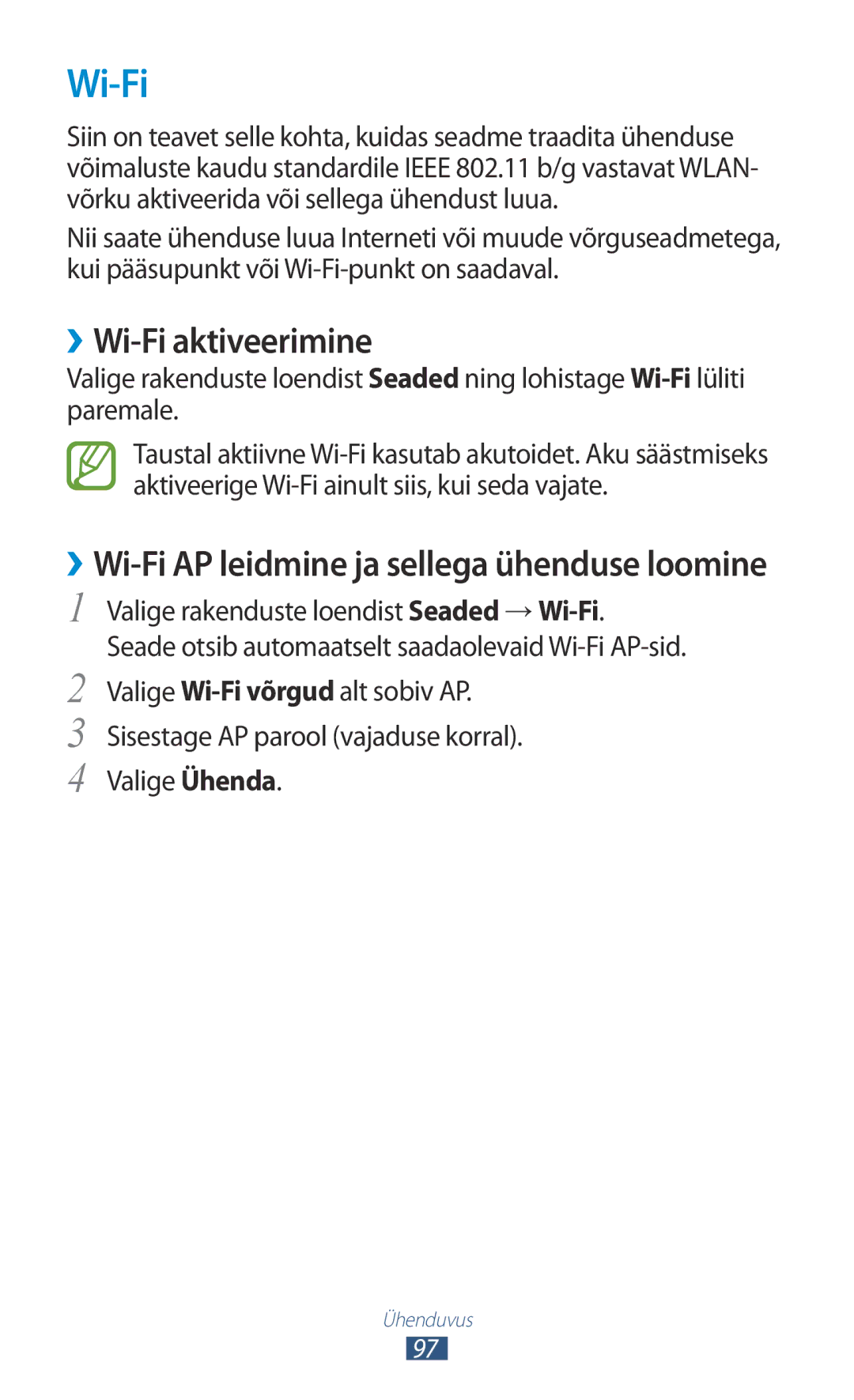 Samsung GT-S5301ZKASEB, GT-S5301ZWASEB manual ››Wi-Fi aktiveerimine 