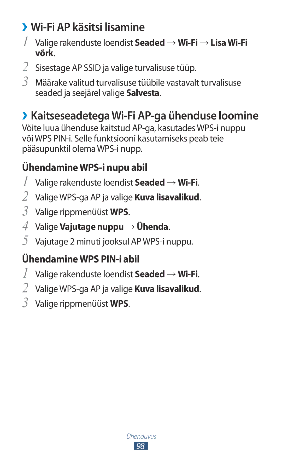Samsung GT-S5301ZWASEB manual ››Wi-Fi AP käsitsi lisamine, Valige rakenduste loendist Seaded →Wi-Fi→Lisa Wi-Fi, Võrk 