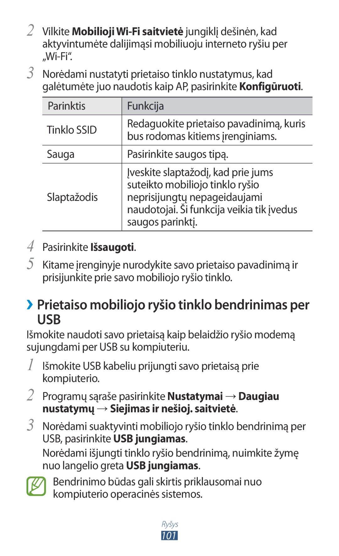 Samsung GT-S5301ZKASEB, GT-S5301ZWASEB Parinktis Funkcija Tinklo Ssid, Bus rodomas kitiems įrenginiams, Saugos parinktį 